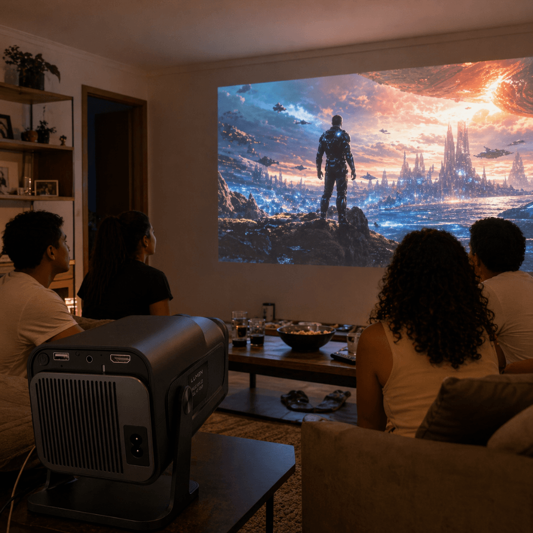 Sala com tela grande projetada pelo HY320