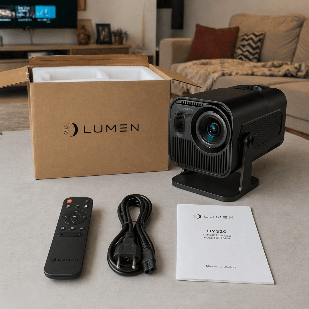 Flat lay da caixa aberta do Lumen HY320 com todos os itens inclusos